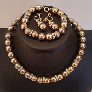 Gold Bead RS Necklace, Bracelet, Earrings Set